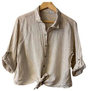 Made in Italy 100% Linen Button Front Shirt Natural Beige Tie Front Top L